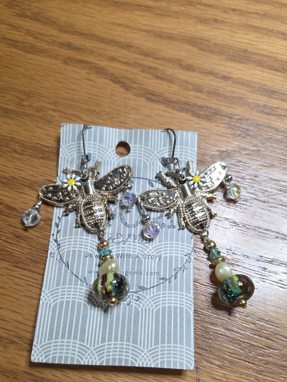 Gold Bee Dangle Earrings with Murani Glass Bead Accents